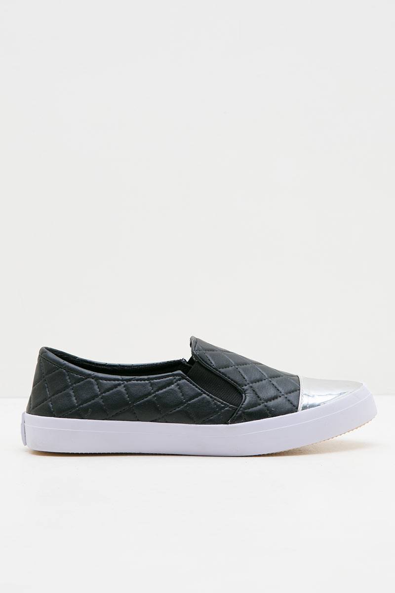 black quilted slip ons