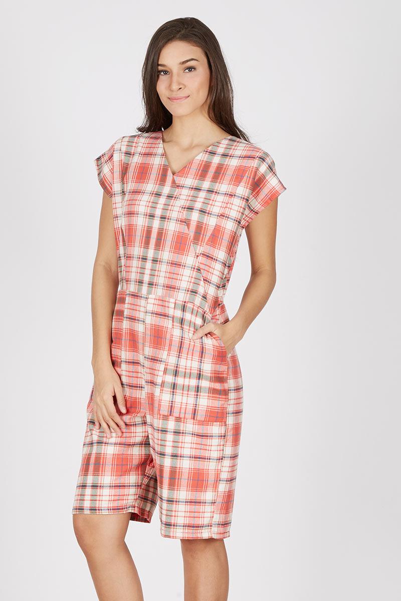 blue and white checkered jumpsuit