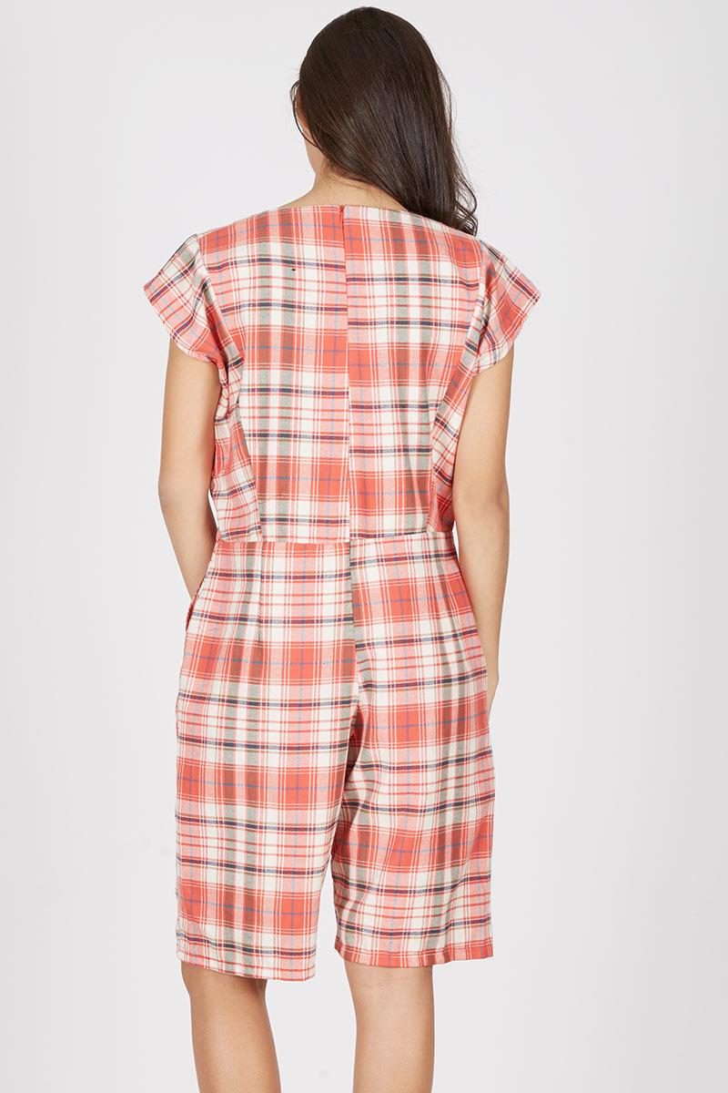 blue and white checkered jumpsuit