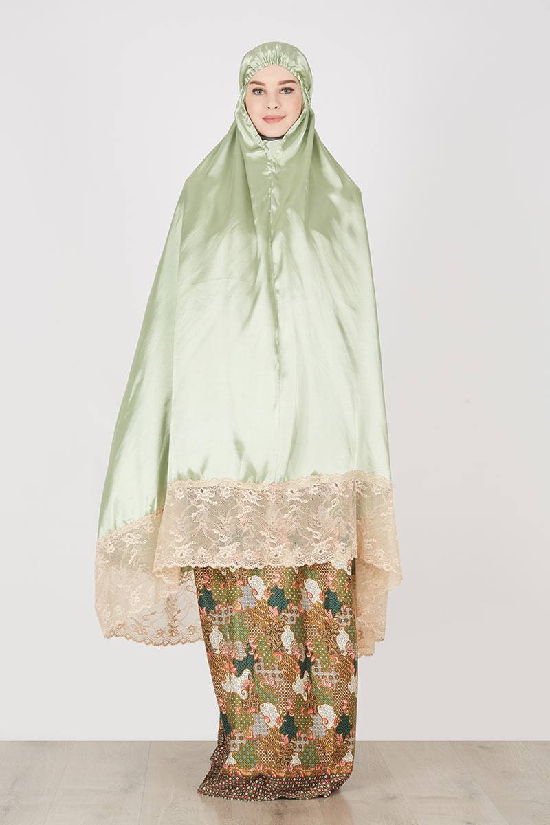 Sell Mukena Khadeejah Umamah Heritage Apple Green Satin With Silk Batik Mukena Hijabenka Com