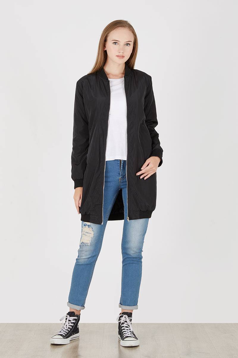 long bomber jacket black