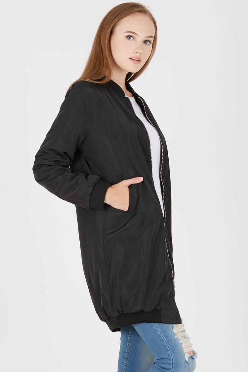 long bomber jacket black