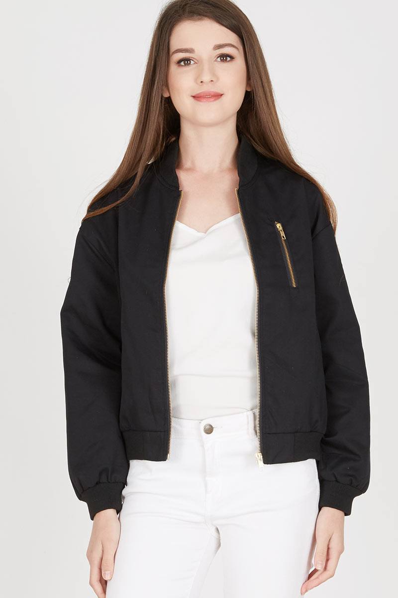 Sell Back Zipper Bomber Jacket in Black Outerwear