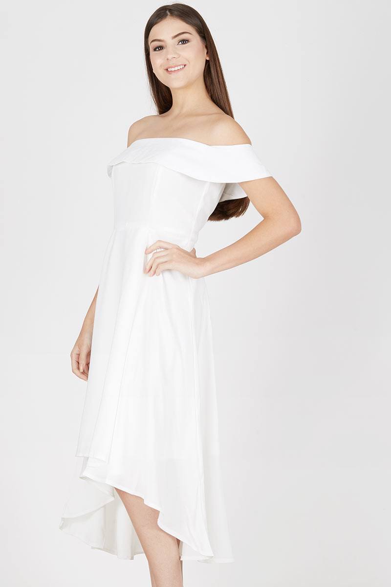 white asymmetrical off the shoulder dress