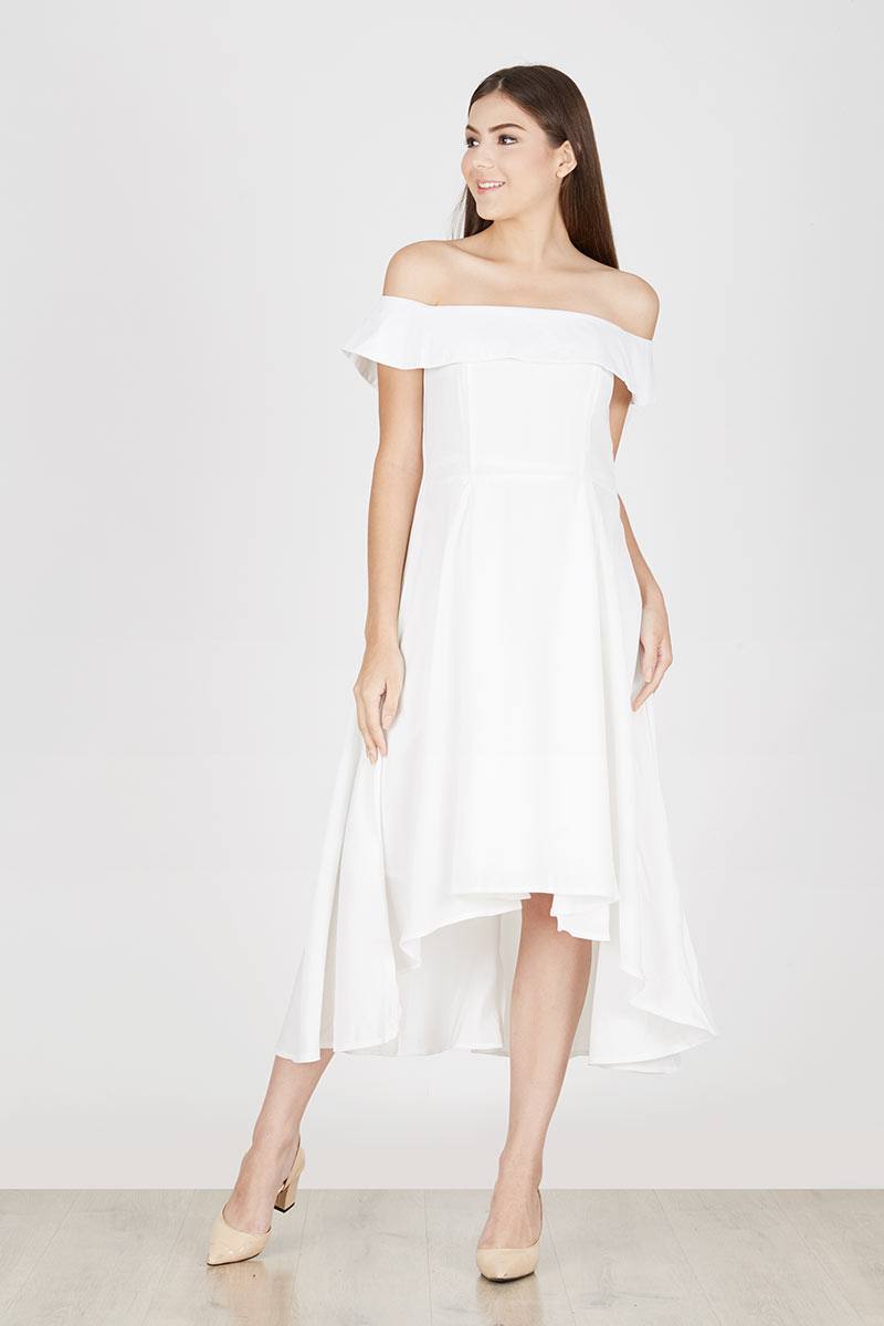 white asymmetrical off the shoulder dress