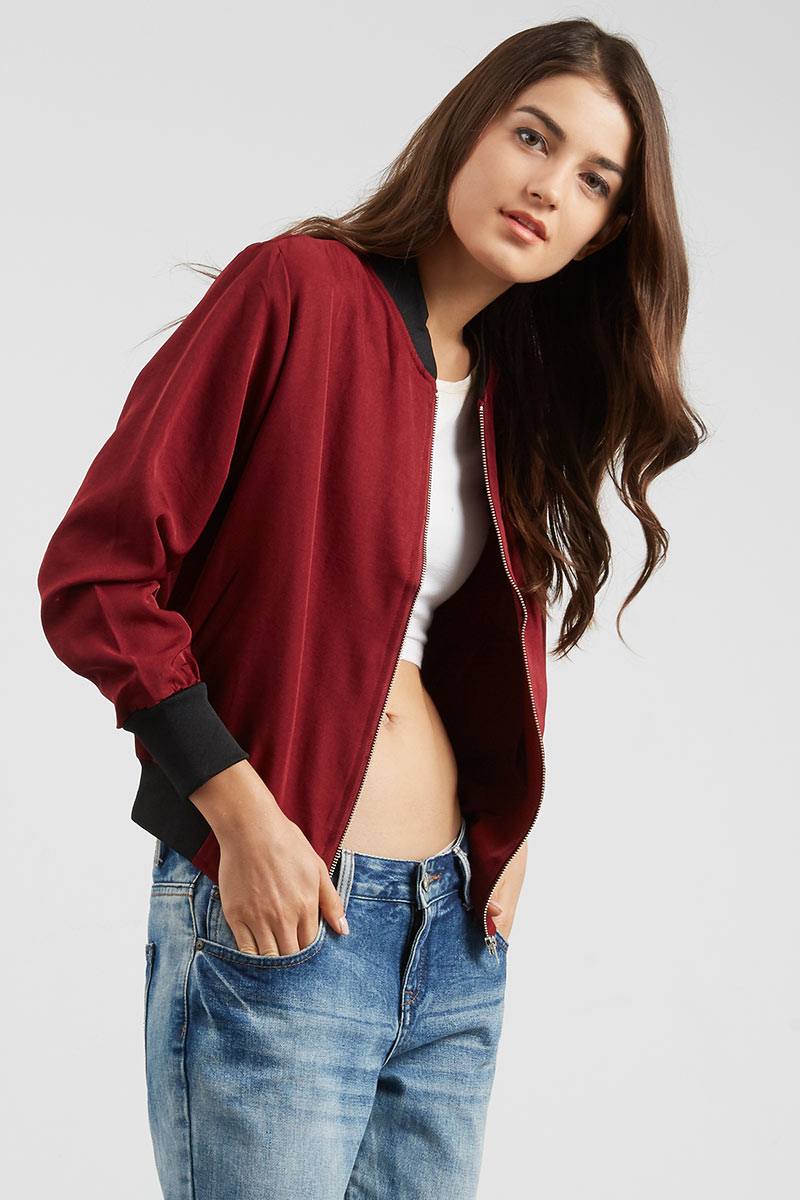 Sell Plain X Bomber Jacket in Maroon Outerwear