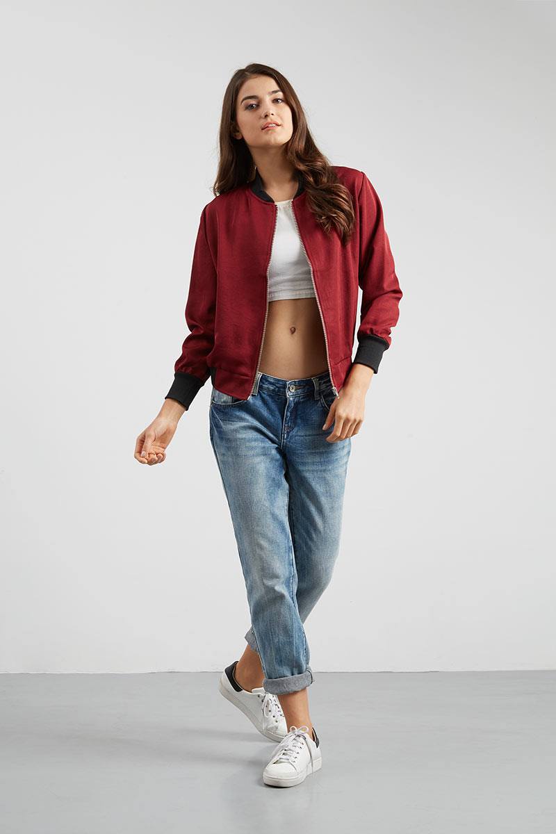 Sell Plain X Bomber Jacket in Maroon Outerwear