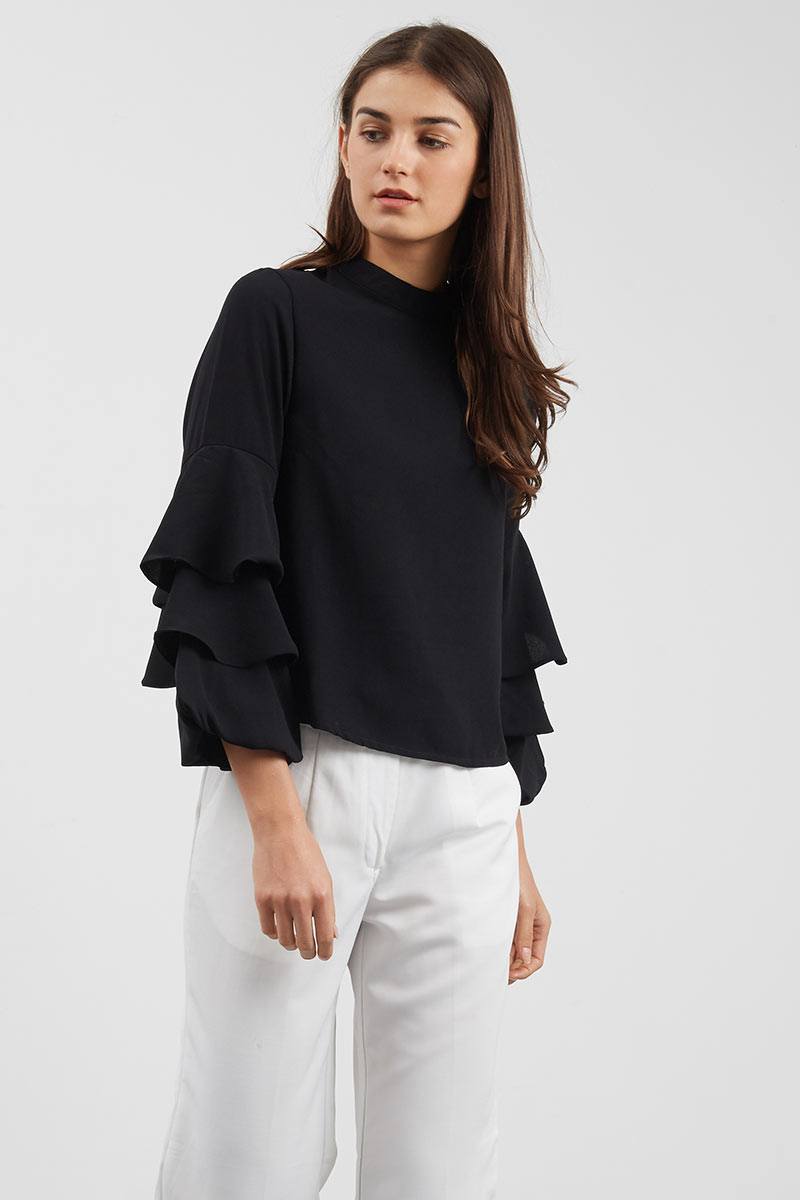 Sell Willy Ruffle Long Sleeve Top Black 