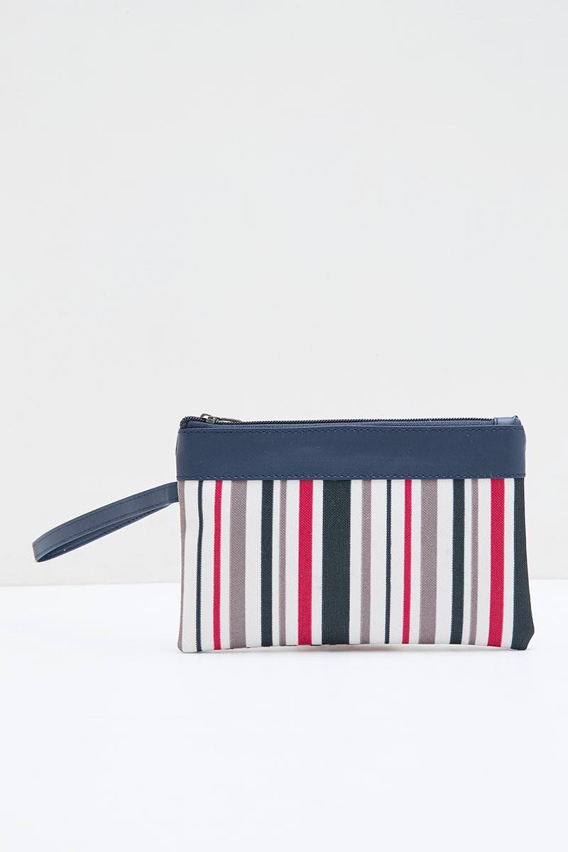 navy and red clutch bag