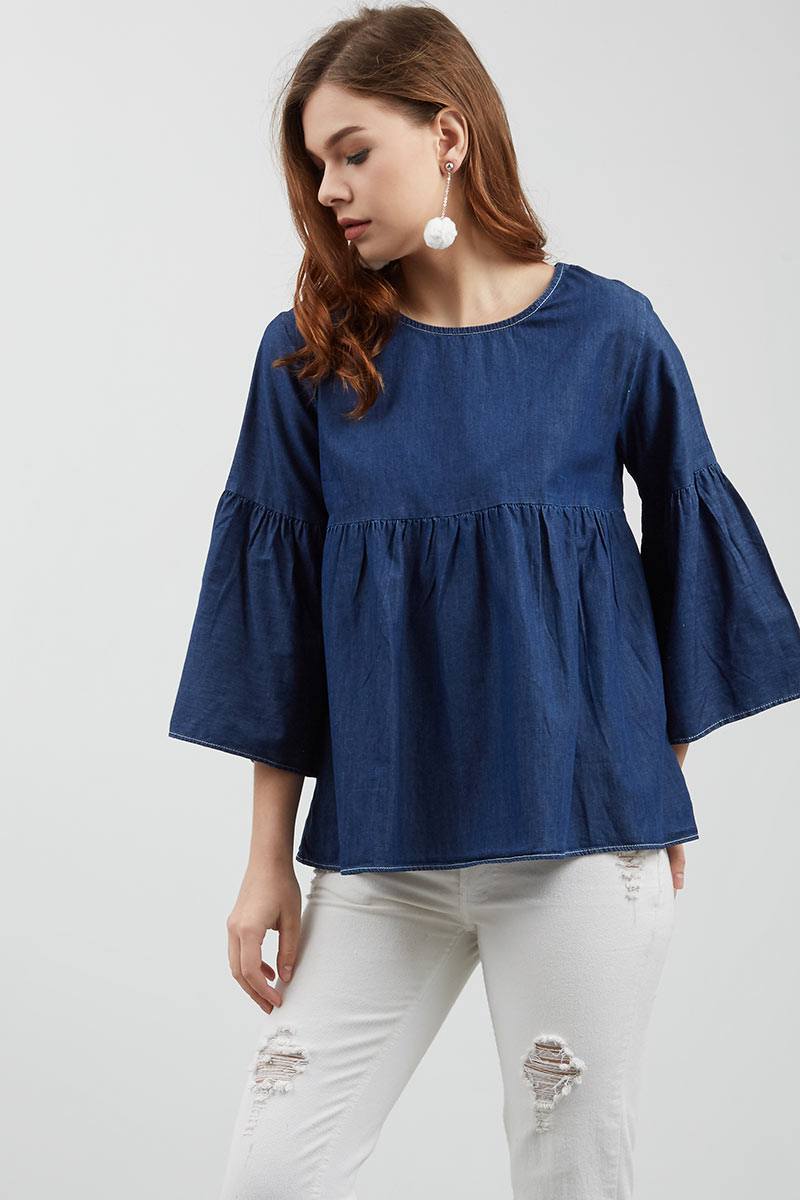 Sell Long Sleeve Ruffle Denim Blouse 