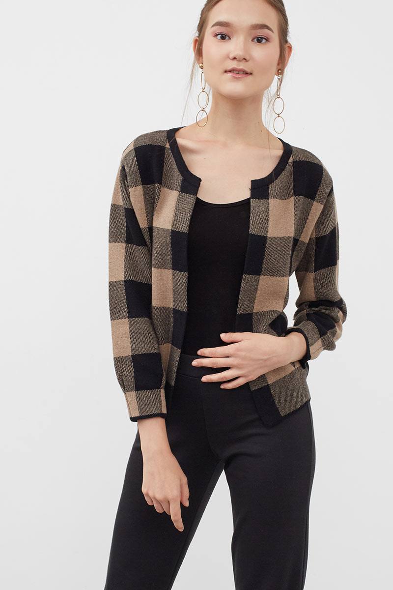 Sell Knitted Checkered Cardigan Mocca Black Outerwear