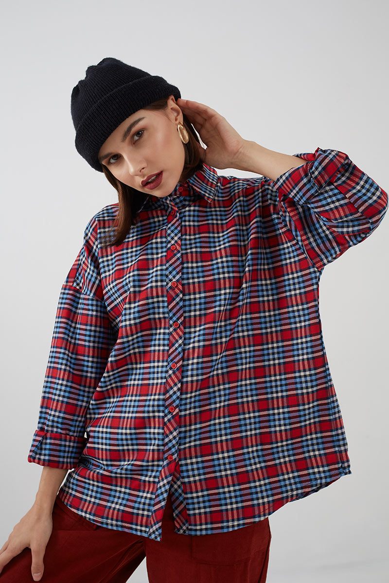 Sell Aleni Checkered Collar Shirt Red Womenshirts