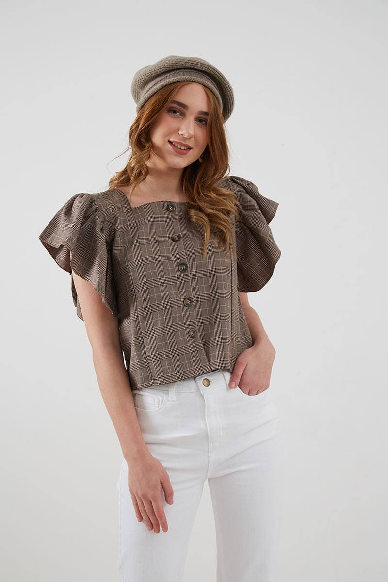 Sell Mansy Ruffle Sleeve Top Brown Tops 